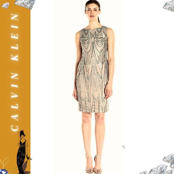 Calvin Klein Dresses & Skirts - Calvin Klein Silver Sequin Nude Dress – Size 2